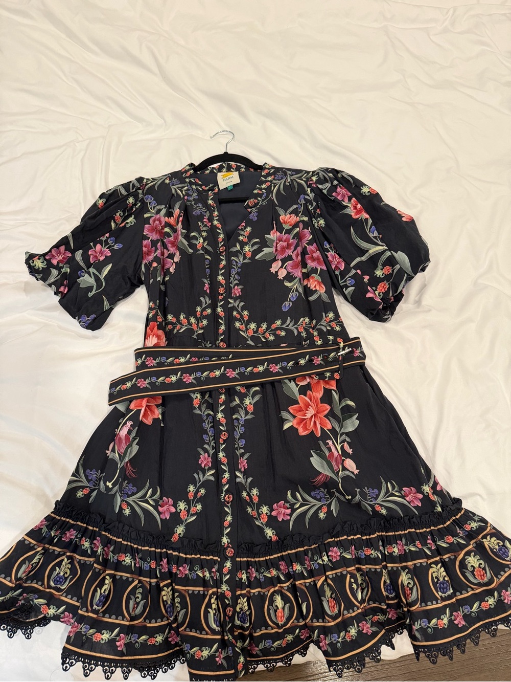 FARM Rio Black Floral Belted Mini Dress with Pink & Green Accents - Picture 2 of 4